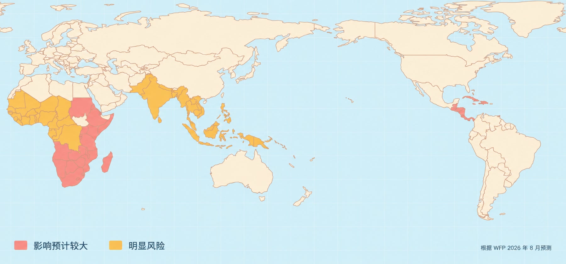 以色块显示 WFP 厄尔尼诺粮食安全重点风险地区的示意地图